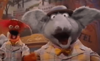 Pepe the prawn and Seymour the Elephant in Vaudeville-style costumes