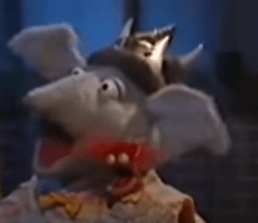 Seymour and Pepe in their Vaudeville coats and horned helmets